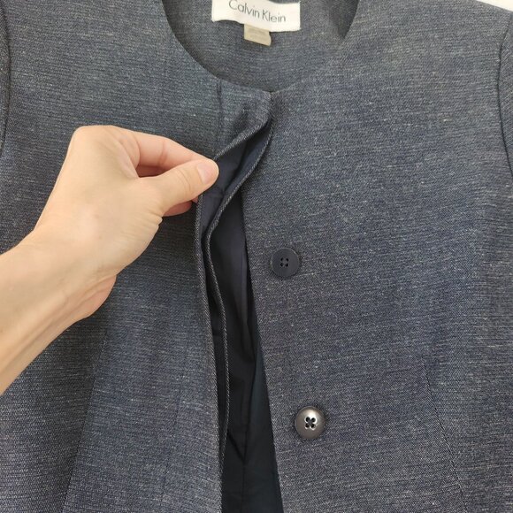 Calvin Klein Navy Blue Button Front Blazer Jacket Linen Blend Petite 2 (2P) - Picture 3 of 8